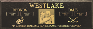 Companion bronze memorial featuring laser etched image and images of hobbies.