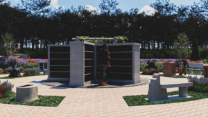 Cremation garden rendering featuring a center star-shaped gray granite with black granite doors columbarium in the middle of a circle pathway. The next ring of the garden includes various personal cremation monuments including cremation benches, pedestals, 2 and 4-niche personal columbarium. 