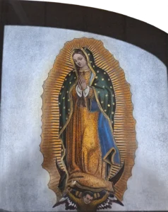 Stunning color laser etching of Our Lady of Guadalupe.
