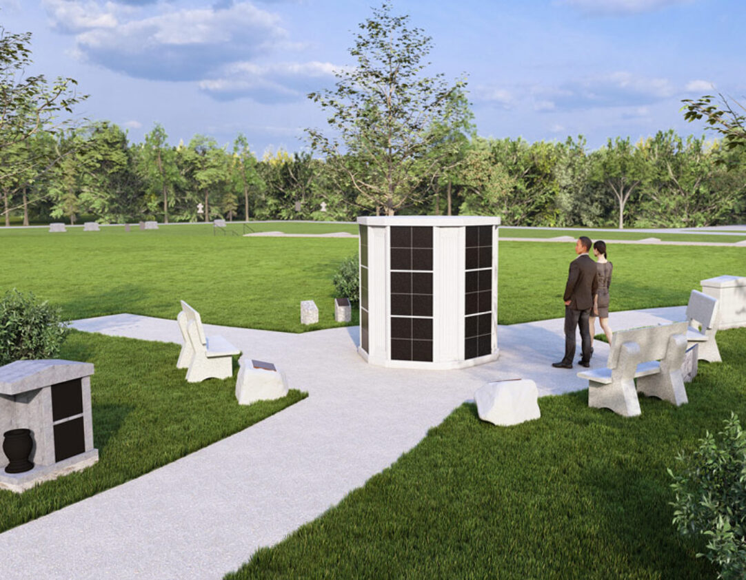 Rendering shows an example of a medium columbarium / cremation garden with two parishioners standing nearby.