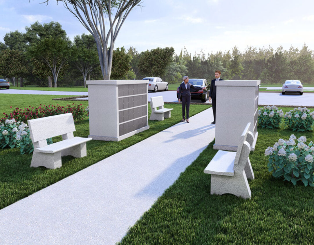 Rendering shows an example of a small columbarium with two parishioners walking up the path nearby.