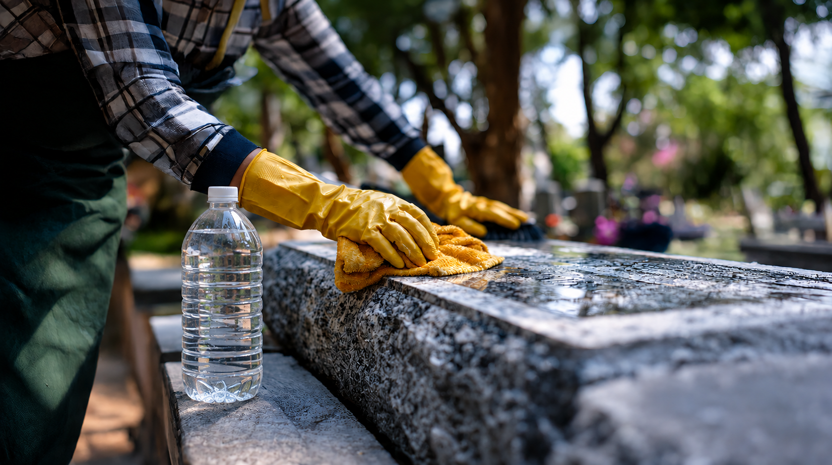 Cleaning a granite headstone wearing yellow gloves, using fresh water, a gentle cleaning brush, and soft cloth in a peaceful cemetery surrounded by mature trees.