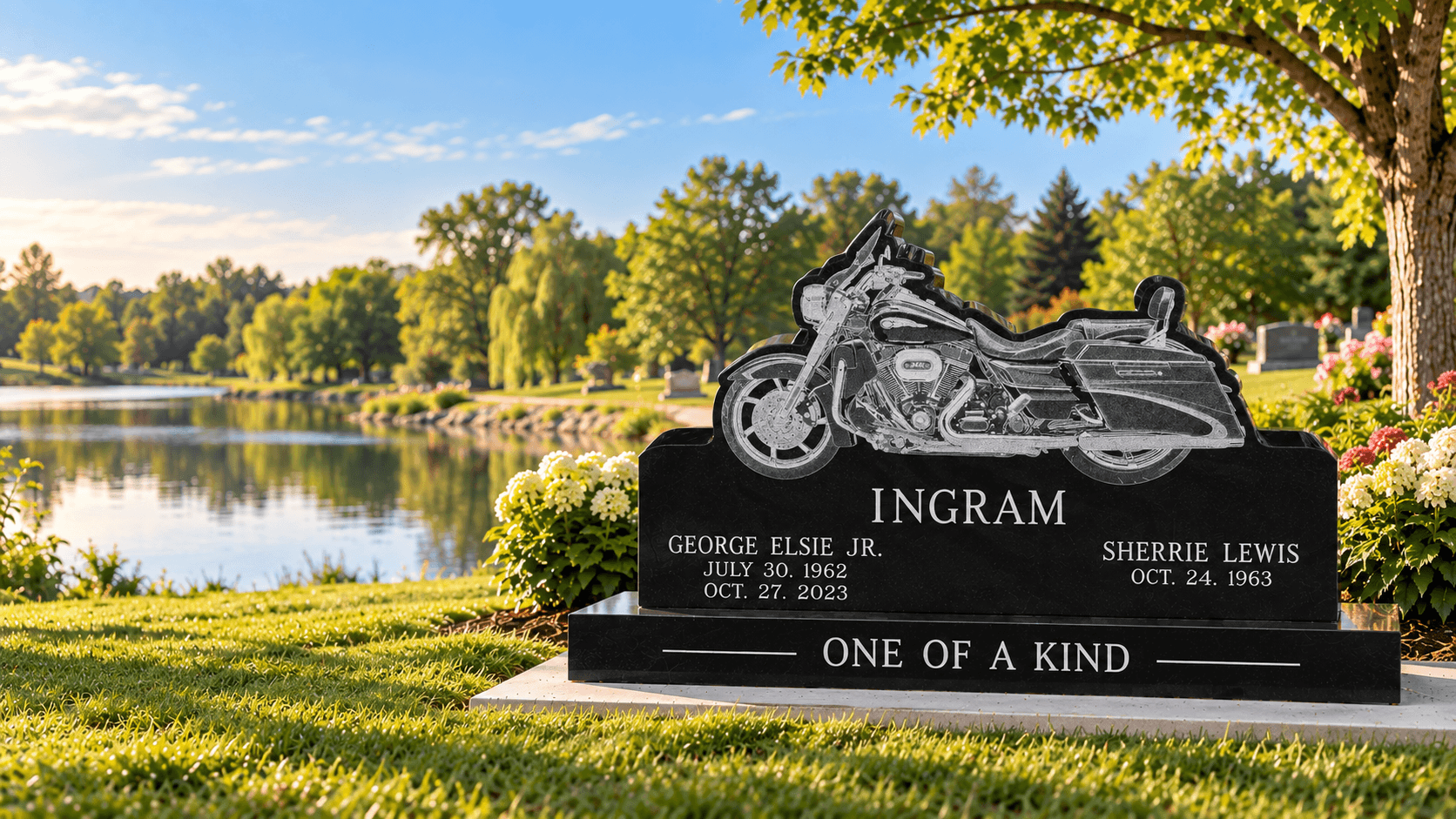 Motorcycle Contour monument with laser etched motorcycle and sandblasted lettering. Location augmented by AI for a clear summer day in a cemetery overlooking a lake.